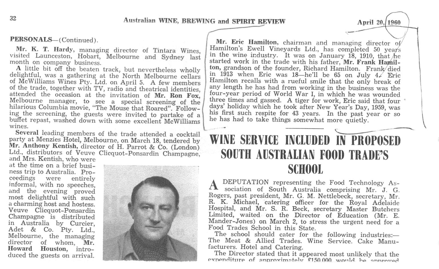 Eric Hamilton 50yrs of Service April 1960
